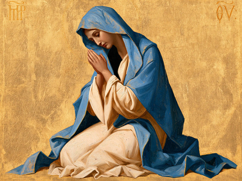 the Virgin Mary in prayer in Contemporary Byzantine style, landscape Christian artwork no. 11