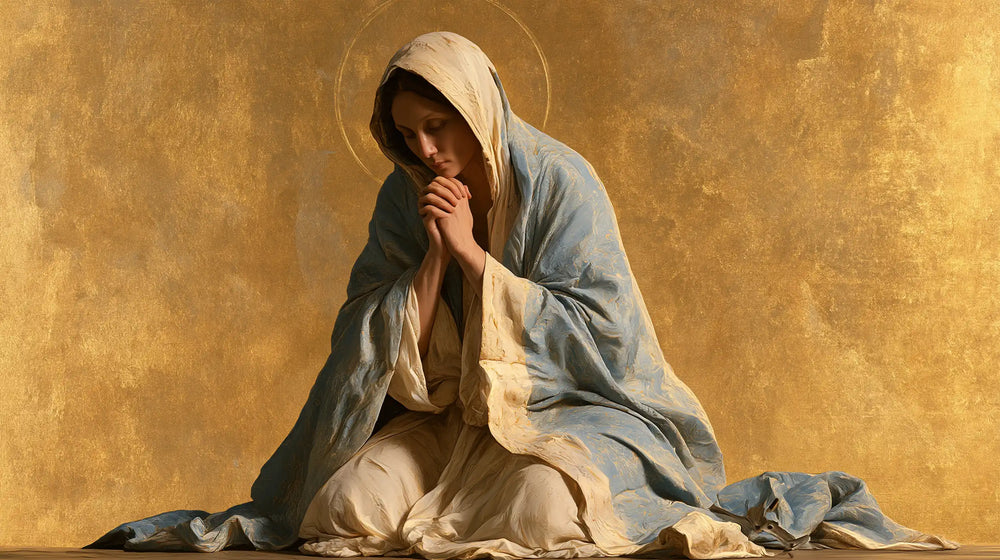 the Virgin Mary in prayer in Contemporary Byzantine style, landscape Christian artwork no. 21