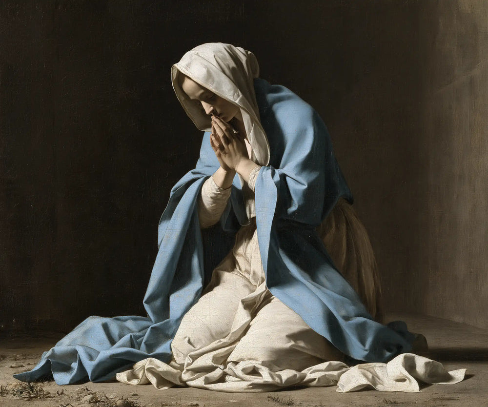 the Virgin Mary in prayer in Florentine Renaissance style, landscape Christian artwork no. 3