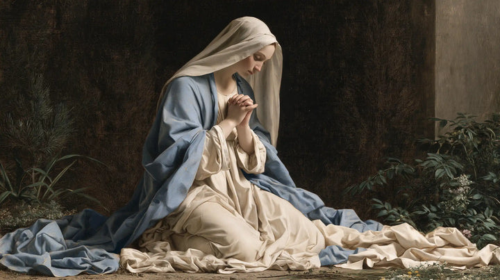 Virgin Mary in Prayer — Drapery at Rest in the Garden