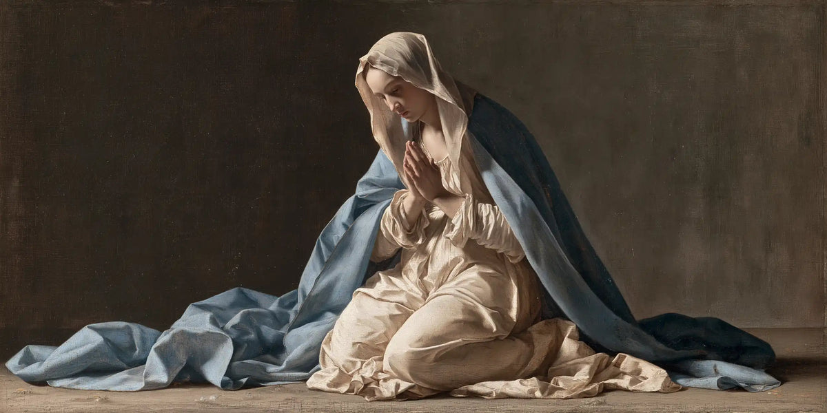 Virgin Mary in Prayer — Blue Drapery in the Bare Room