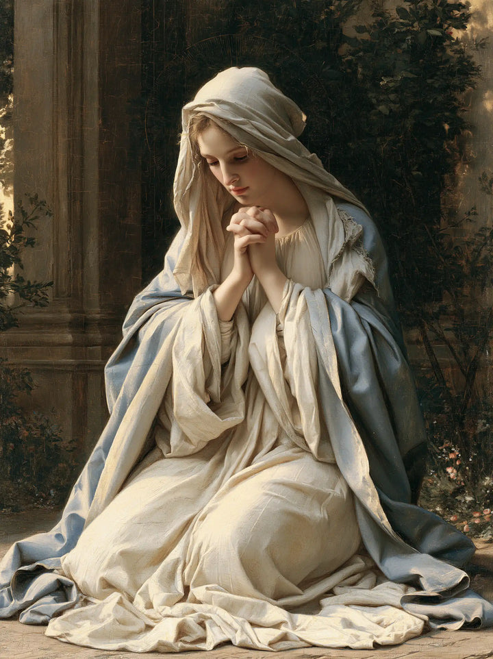 Virgin Mary in Prayer — Luminous Linen beneath the Branches
