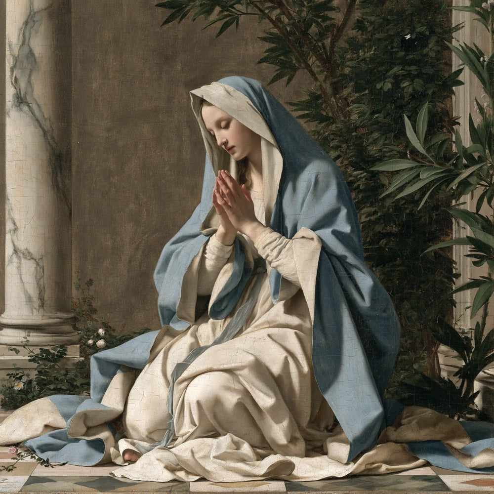 the Virgin Mary in prayer in Florentine Renaissance style, square Christian artwork no. 4