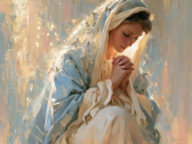 Virgin Mary in Prayer — Pale Blue in the Shower of Light
