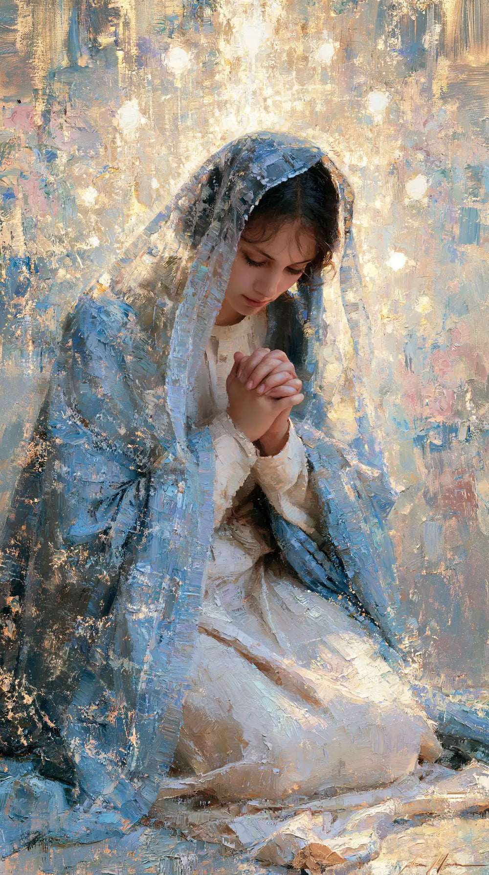 the Virgin Mary in prayer in Impressionist style, portrait Christian artwork no. 18