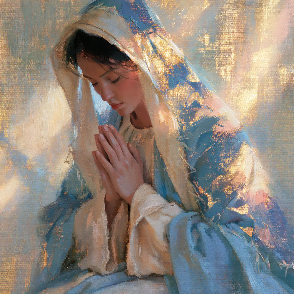 the Virgin Mary in prayer in Impressionist style, square Christian artwork no. 3