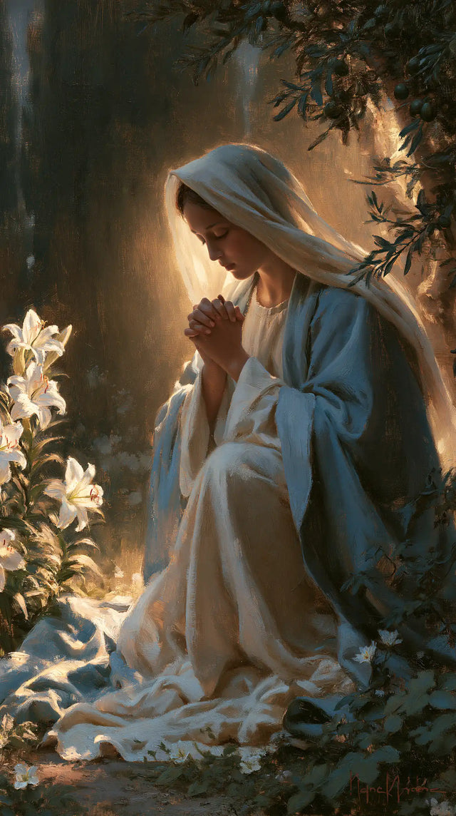 Virgin Mary in Prayer — Lilies at the Edge of Half-Light