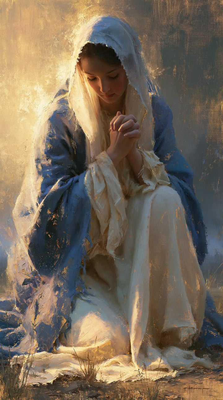 Virgin Mary in Prayer — Embroidered Azure in Sunlight