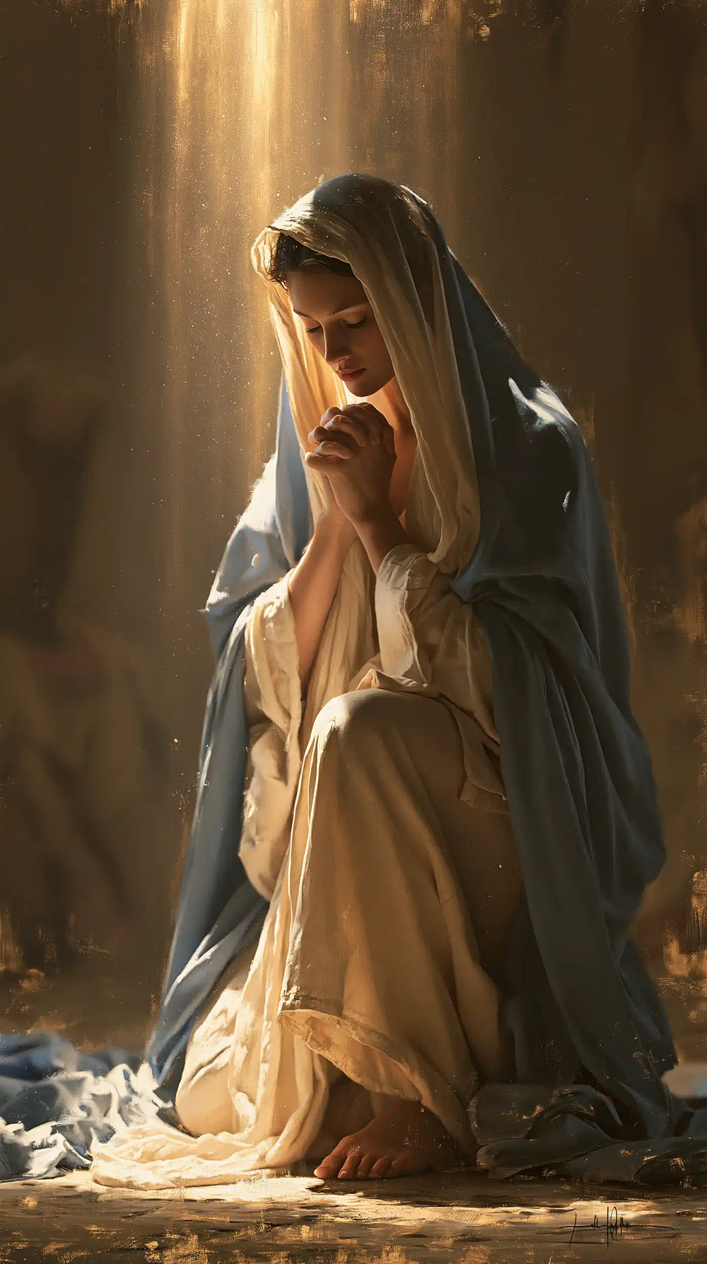 the Virgin Mary praying in a biblical-era interior in Mary in a Biblical Interior style, portrait Christian artwork no. 12