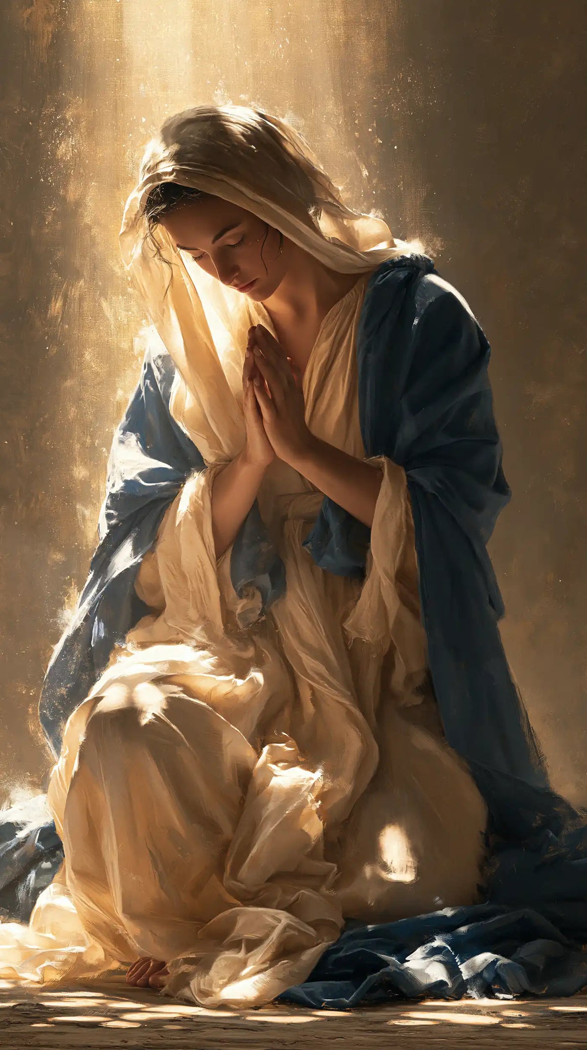 Virgin Mary in Prayer — Linen Dappled with Sun