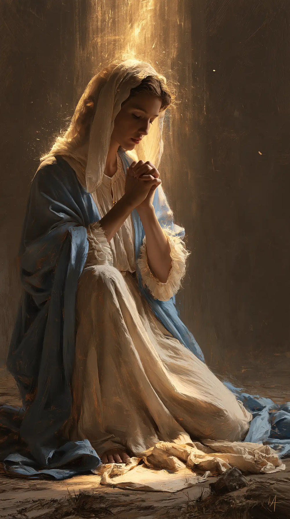 the Virgin Mary praying in a biblical-era interior in Mary in a Biblical Interior style, portrait Christian artwork no. 14