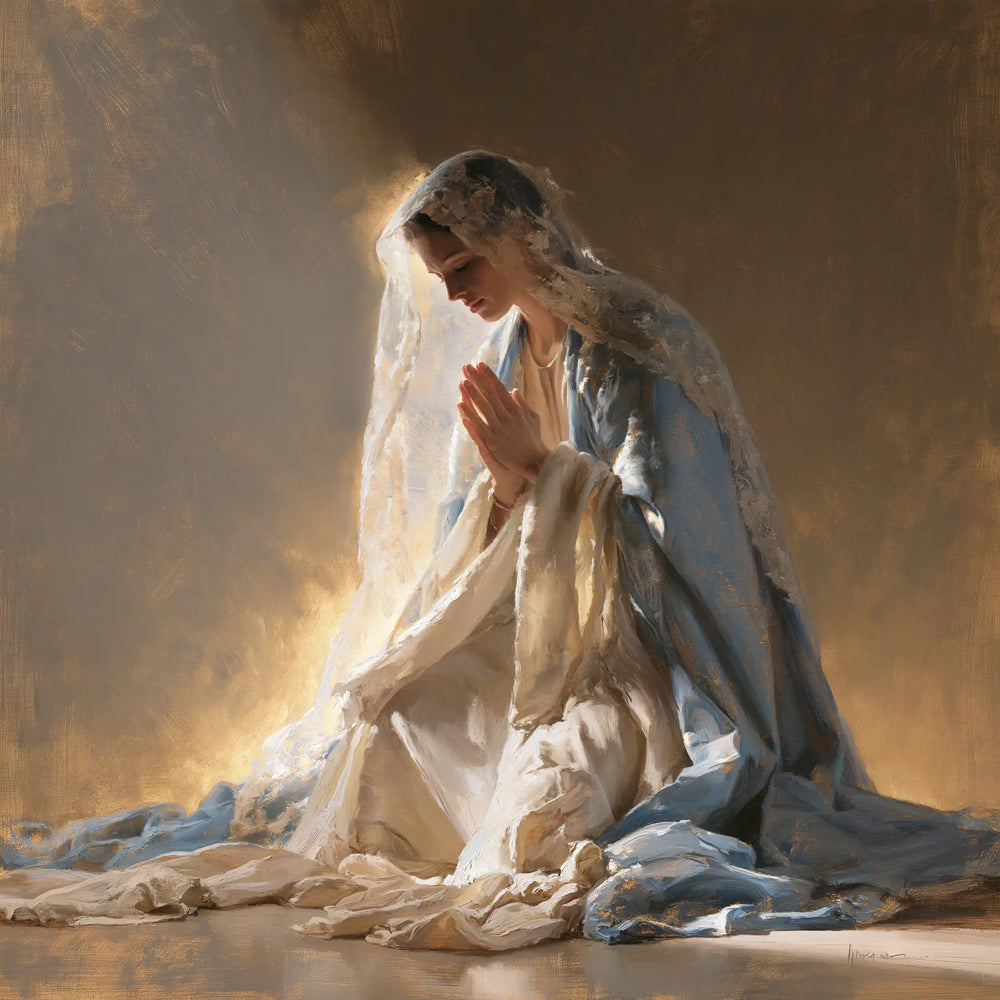 the Virgin Mary praying in a biblical-era interior in Mary in a Biblical Interior style, square Christian artwork no. 1
