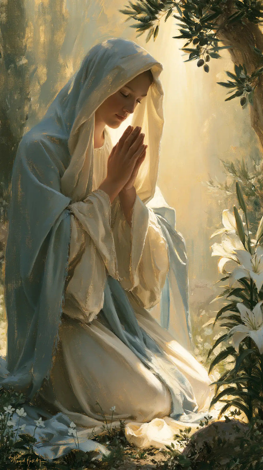 the Virgin Mary praying in a sacred garden in Mary in a Sacred Garden style, portrait Christian artwork no. 8