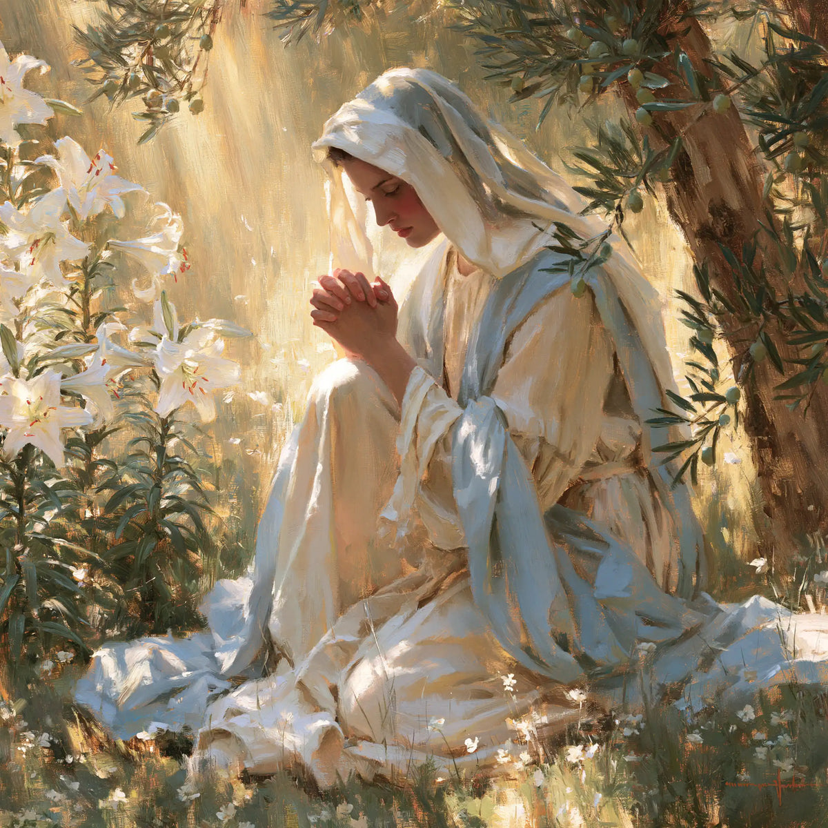 Virgin Mary in Prayer — Linen beneath Flowering Boughs