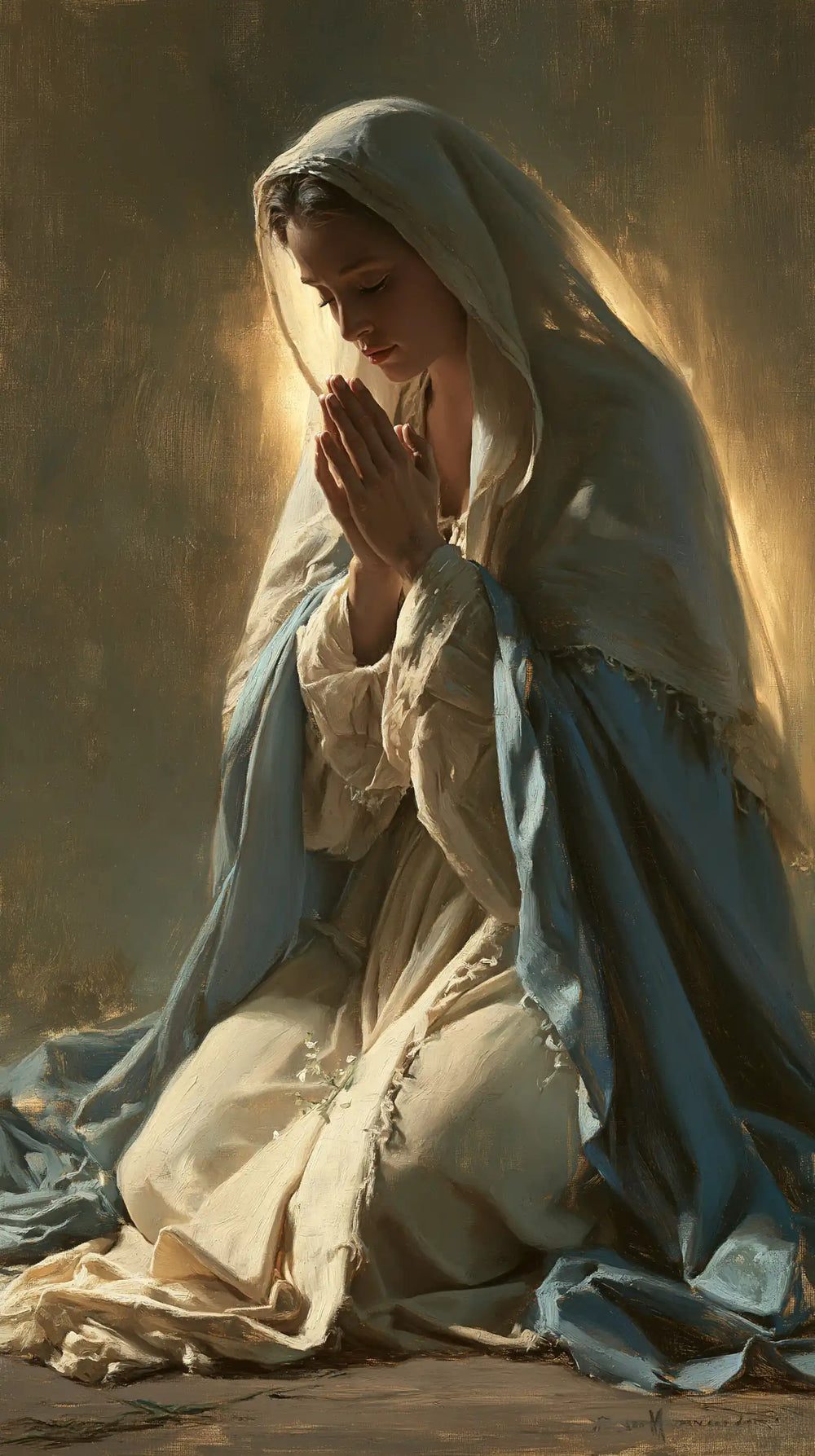 the Virgin Mary illuminated during prayer in Mary in Divine Light style, portrait Christian artwork no. 3