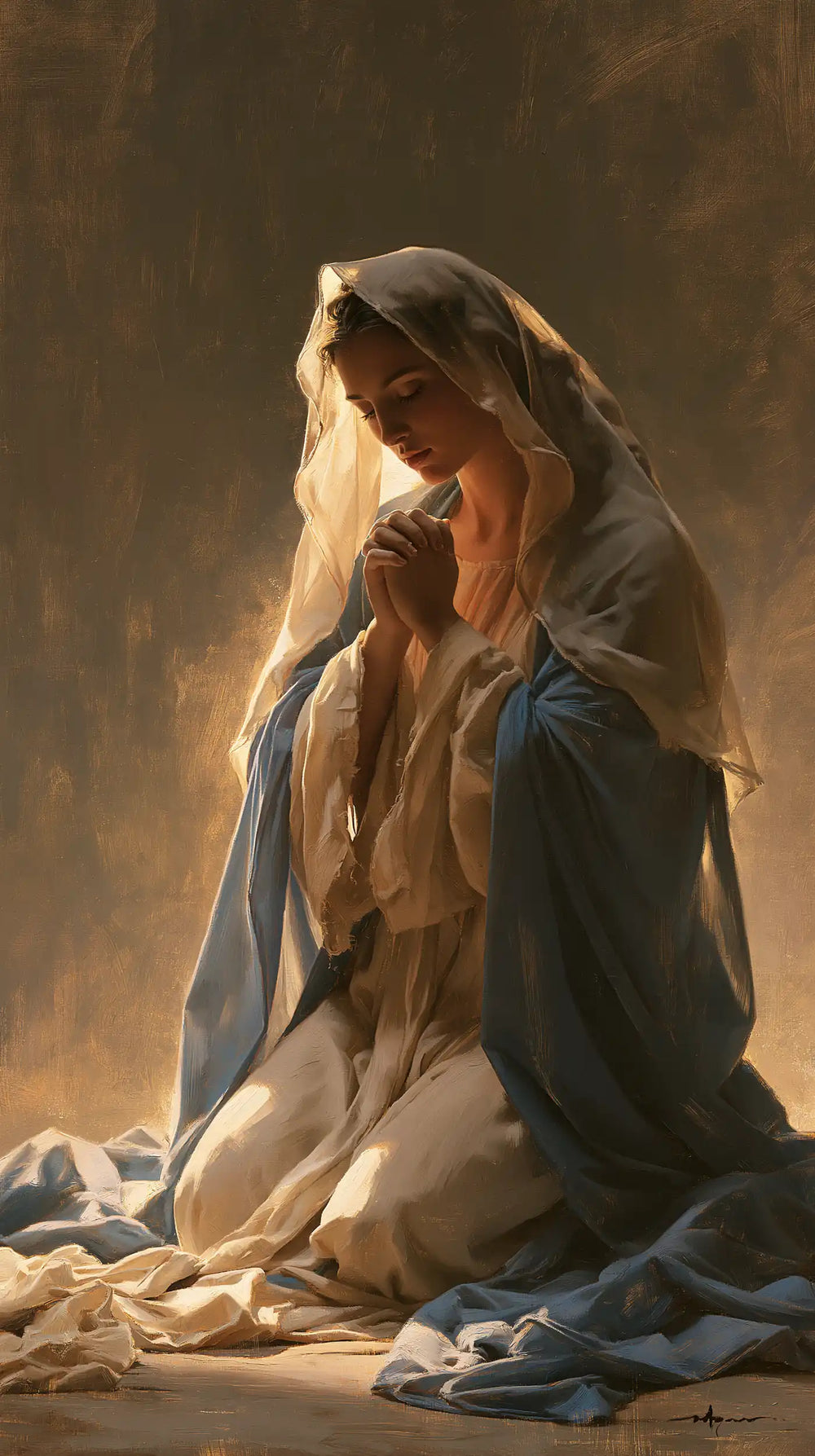 the Virgin Mary illuminated during prayer in Mary in Divine Light style, portrait Christian artwork no. 6