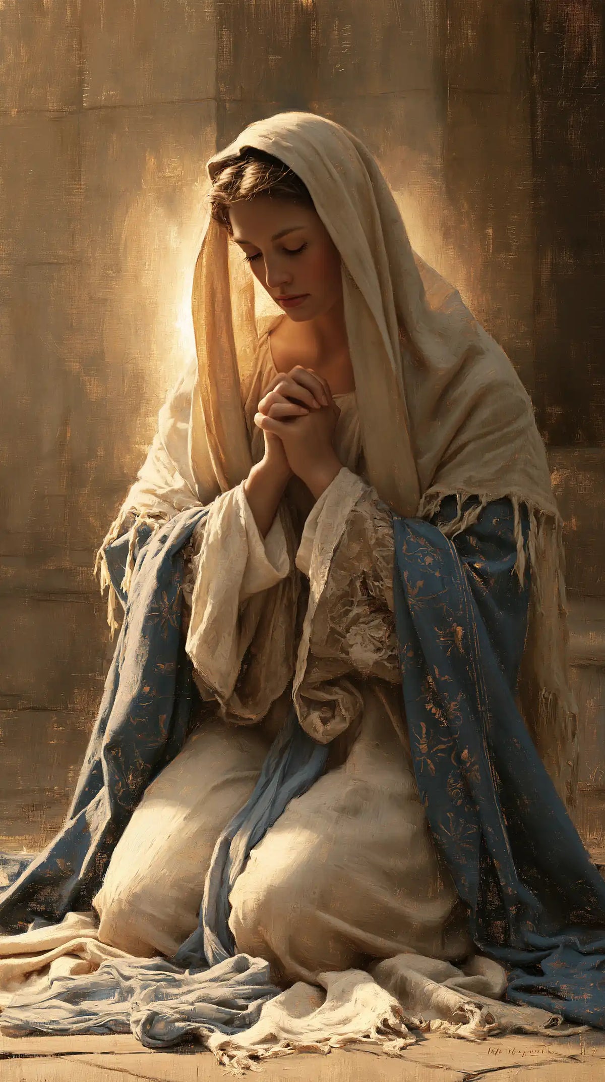 Virgin Mary in Prayer — The Embroidered Cloak in the Stone-Hued Light