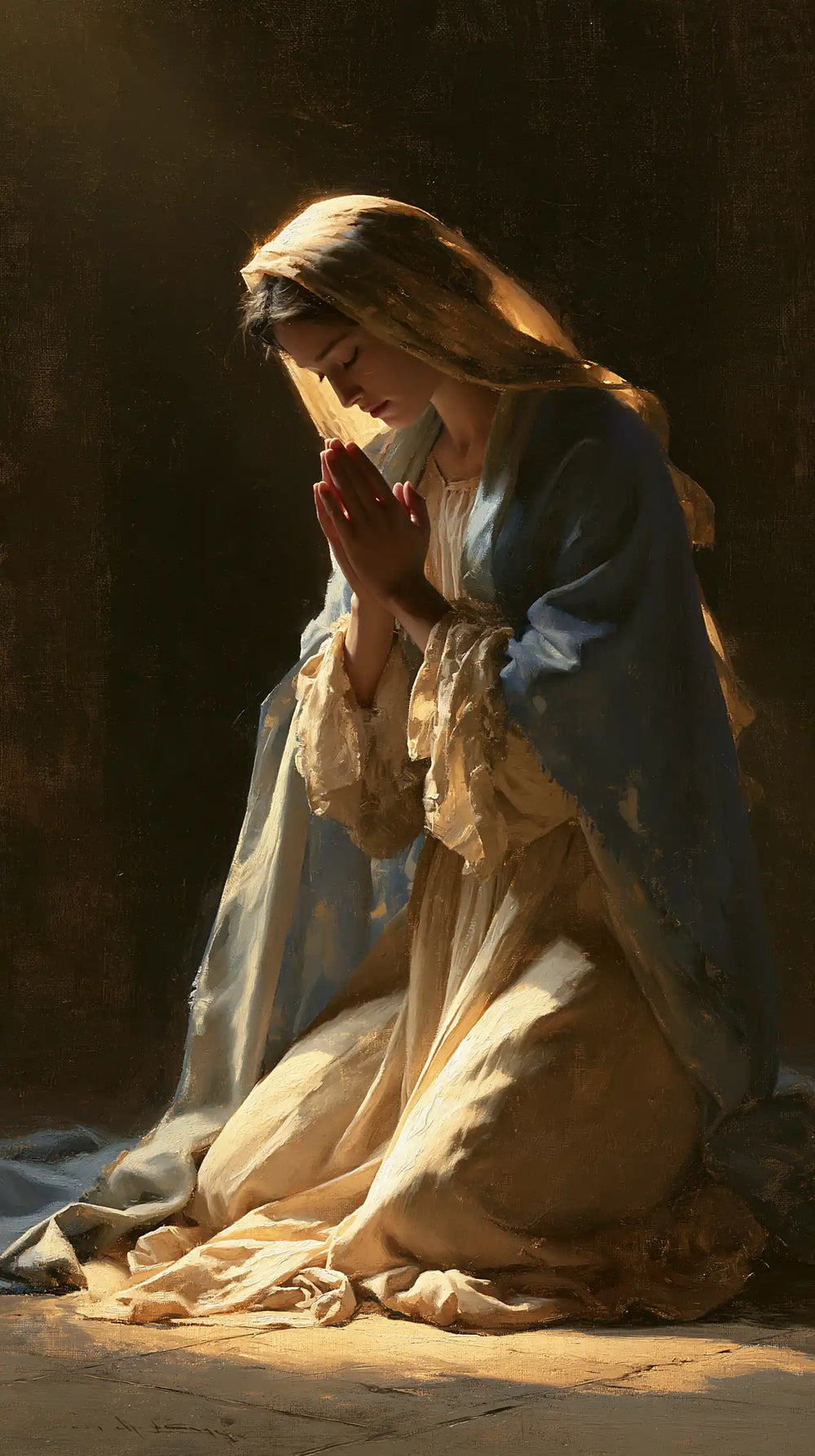 the Virgin Mary illuminated during prayer in Mary in Divine Light style, portrait Christian artwork no. 19