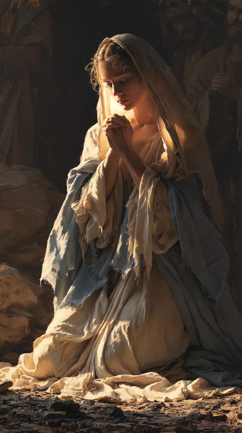 the Virgin Mary illuminated during prayer in Mary in Divine Light style, portrait Christian artwork no. 20