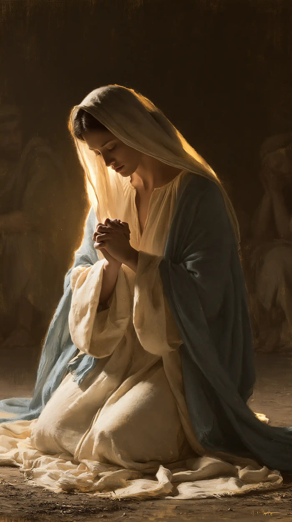 the Virgin Mary illuminated during prayer in Mary in Divine Light style, portrait Christian artwork no. 26