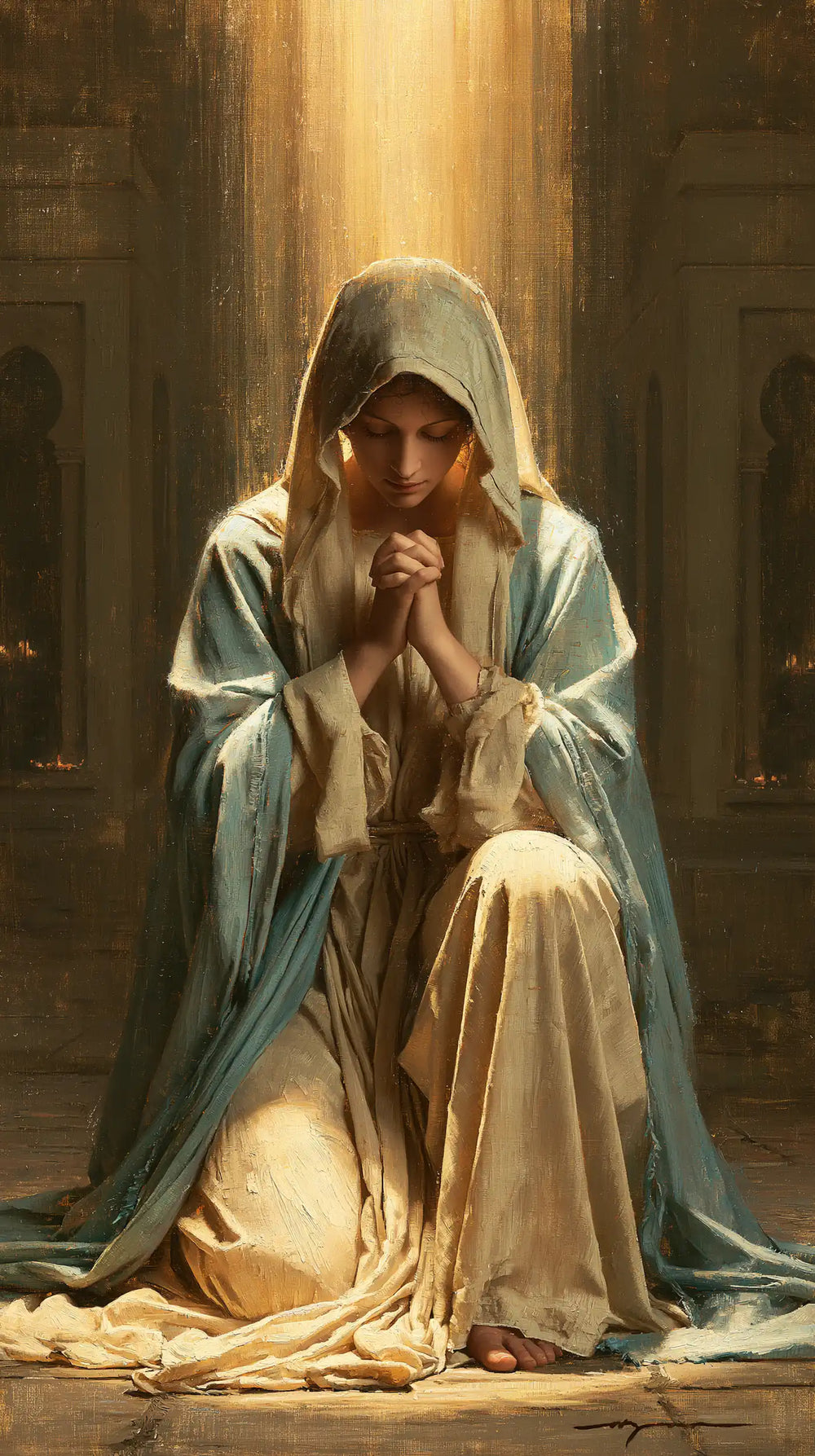 the Virgin Mary illuminated during prayer in Mary in Divine Light style, portrait Christian artwork no. 41