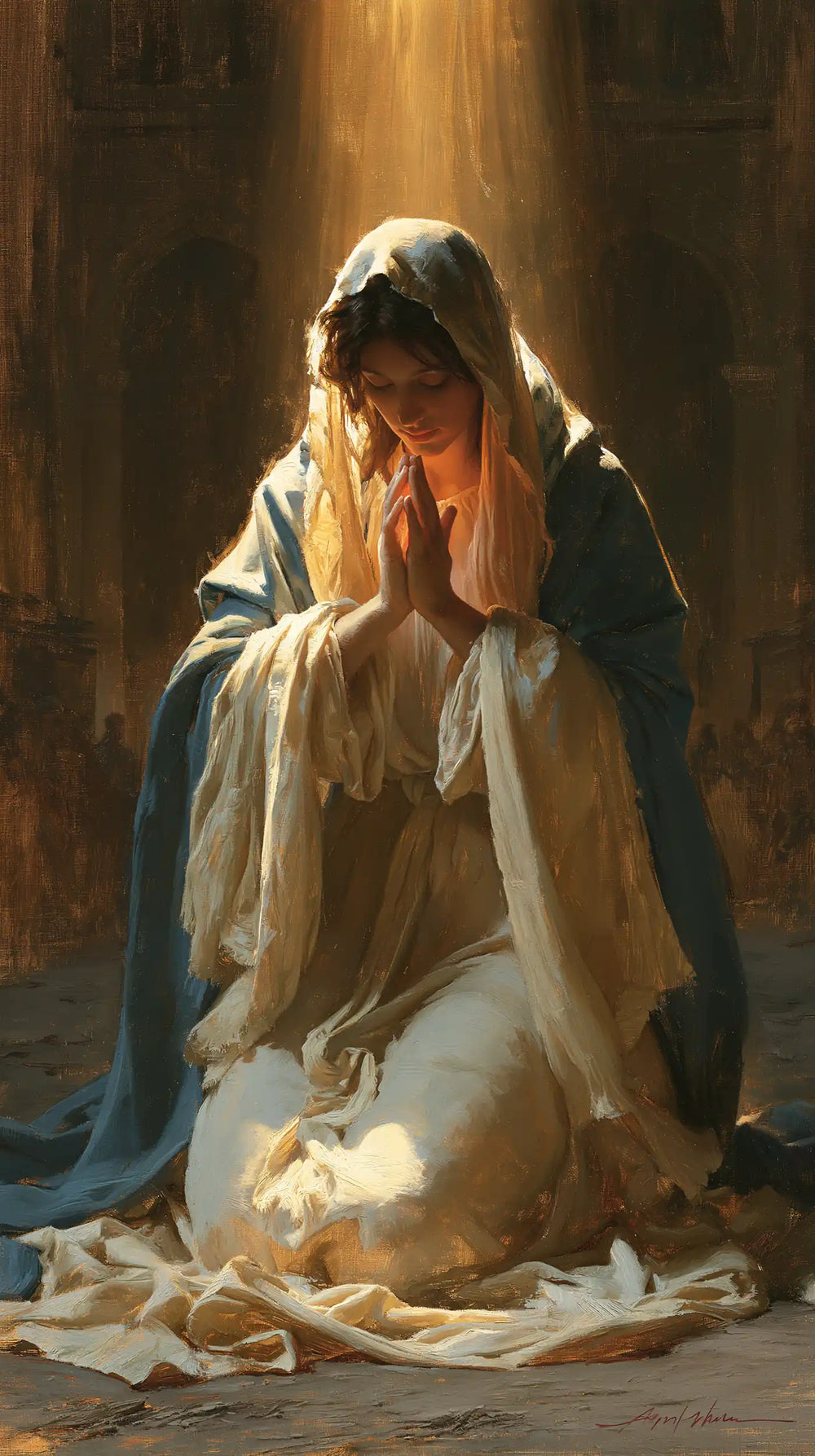 the Virgin Mary illuminated during prayer in Mary in Divine Light style, portrait Christian artwork no. 43
