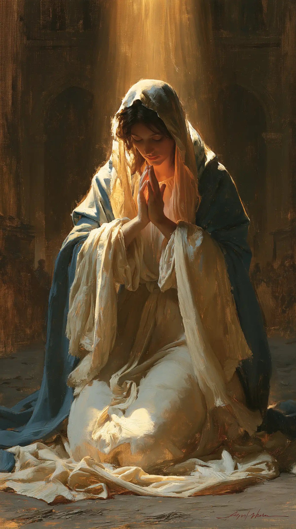 the Virgin Mary illuminated during prayer in Mary in Divine Light style, portrait Christian artwork no. 43
