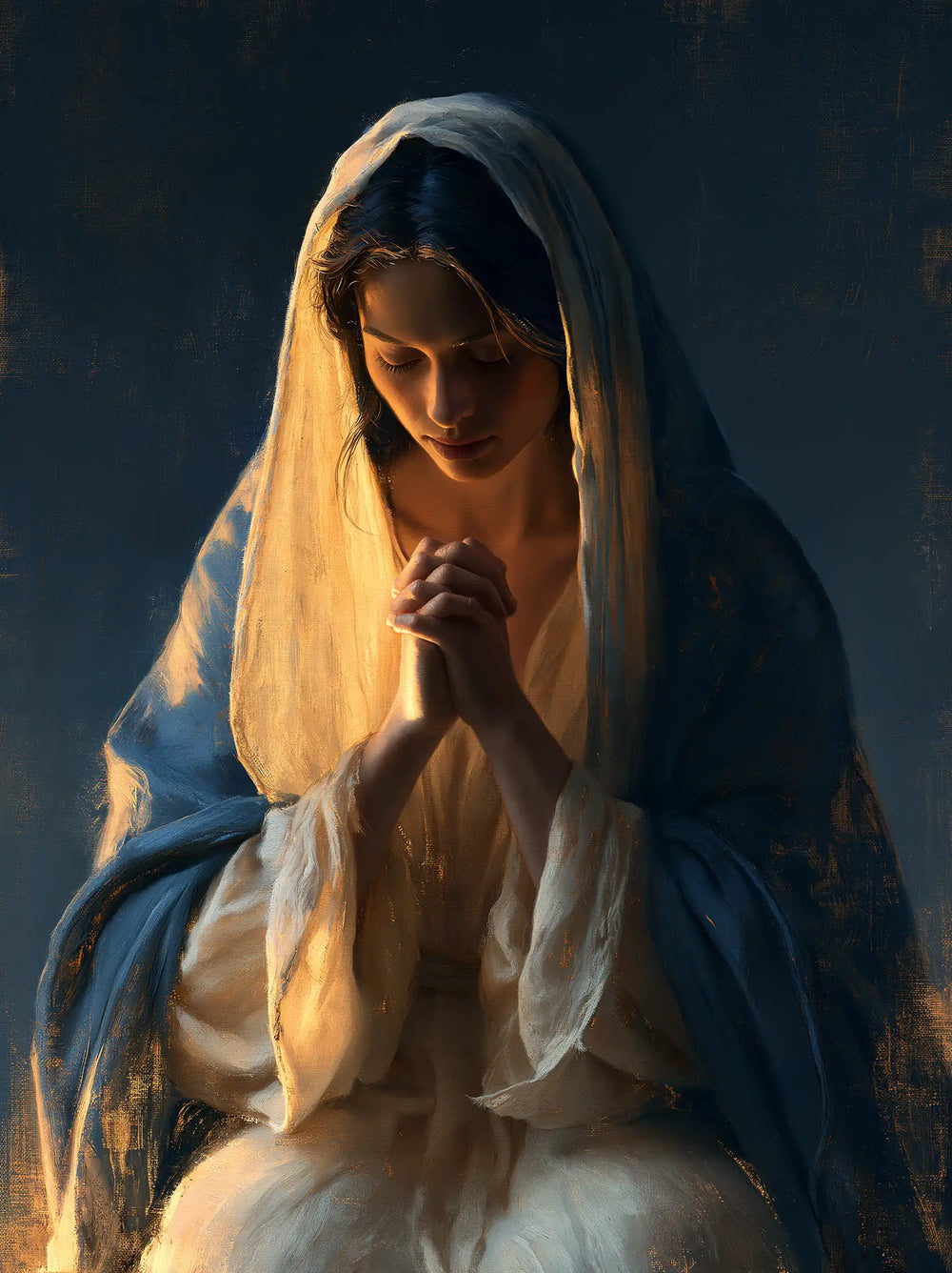 the Virgin Mary in prayer in Midnight Blue Chiaroscuro style, portrait Christian artwork no. 12