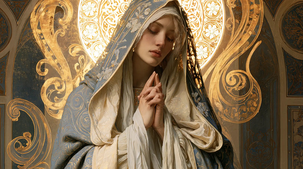 the Virgin Mary in prayer in Sacred Art Nouveau style, landscape Christian artwork no. 12