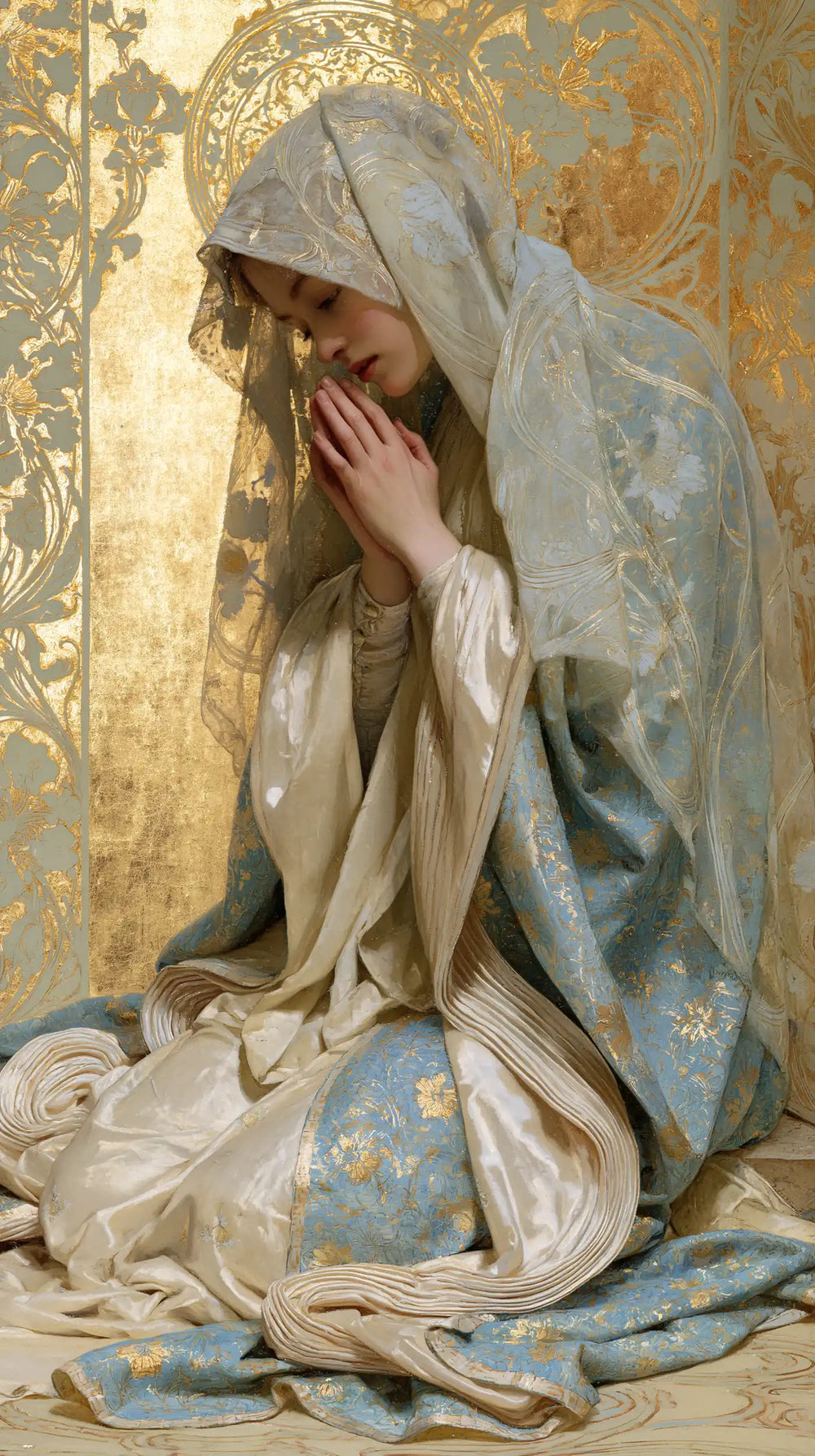 the Virgin Mary in prayer in Sacred Art Nouveau style, portrait Christian artwork no. 3