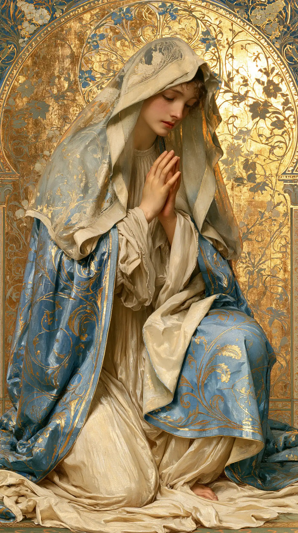the Virgin Mary in prayer in Sacred Art Nouveau style, portrait Christian artwork no. 10