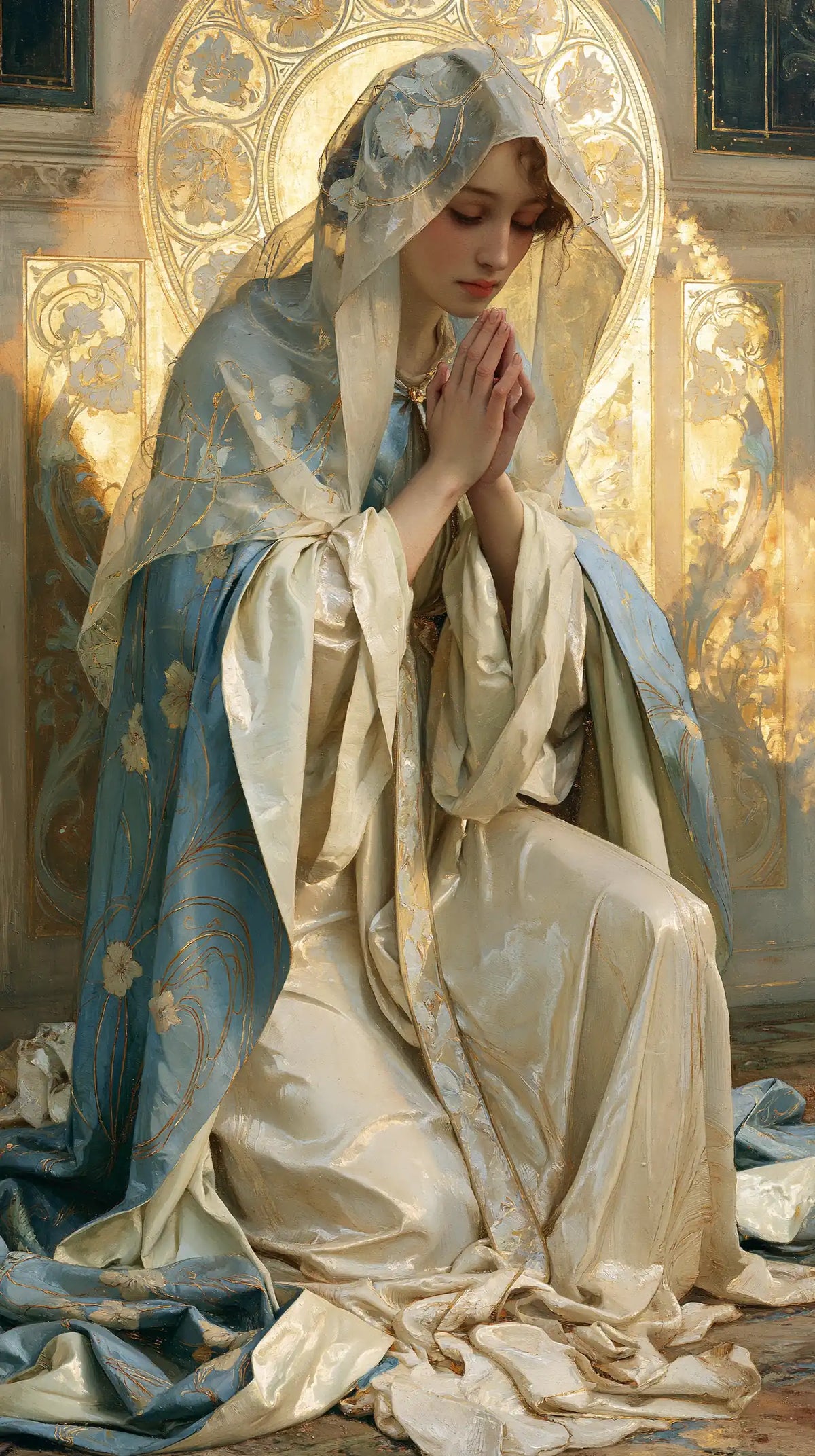 the Virgin Mary in prayer in Sacred Art Nouveau style, portrait Christian artwork no. 11