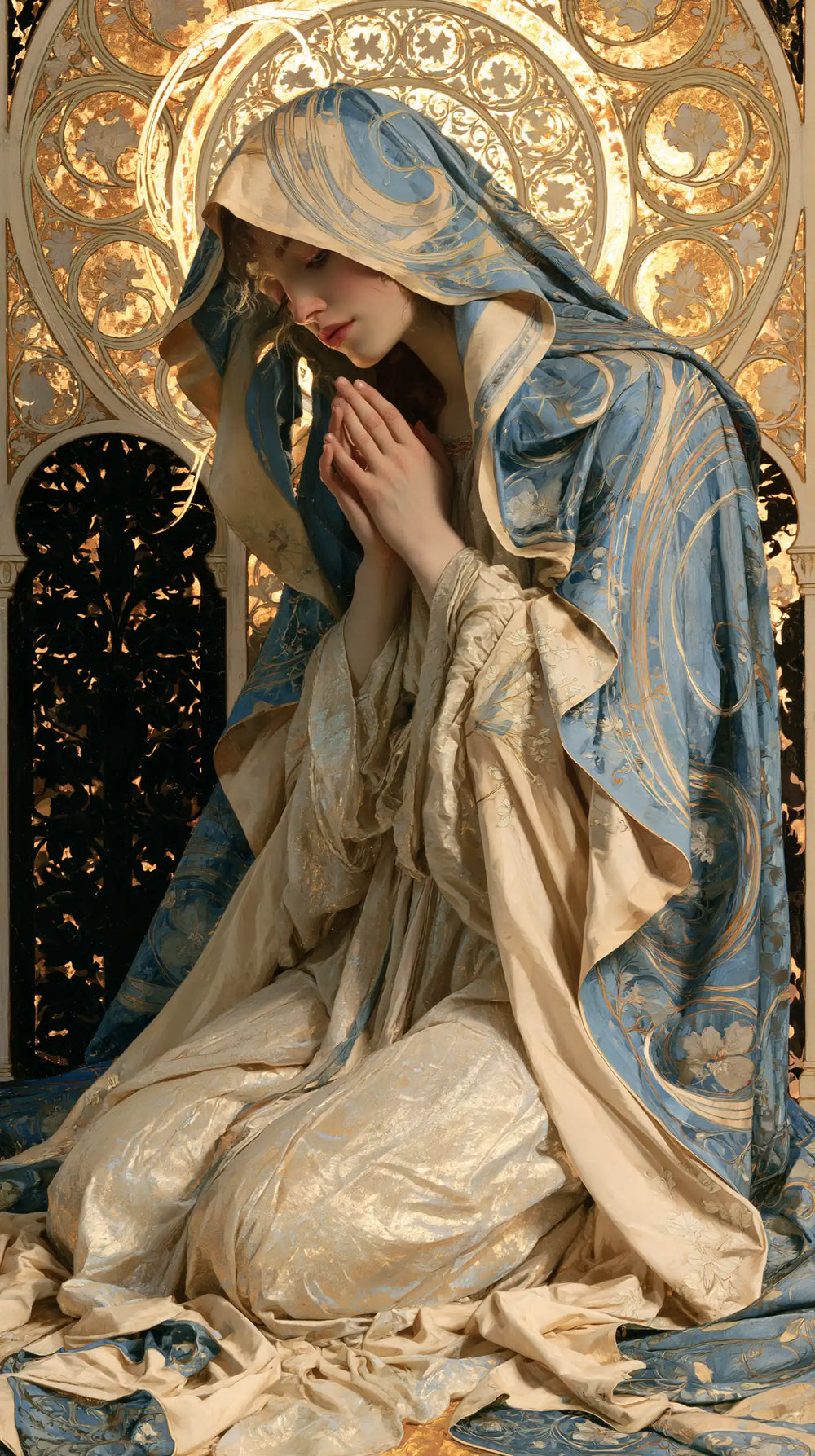 the Virgin Mary in prayer in Sacred Art Nouveau style, portrait Christian artwork no. 13