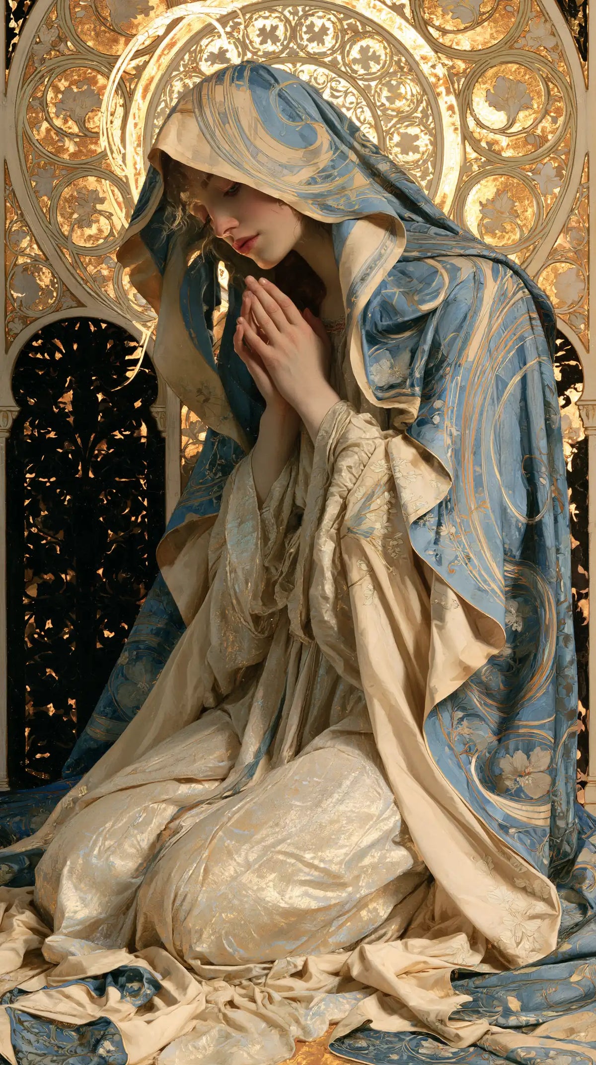 the Virgin Mary in prayer in Sacred Art Nouveau style, portrait Christian artwork no. 13