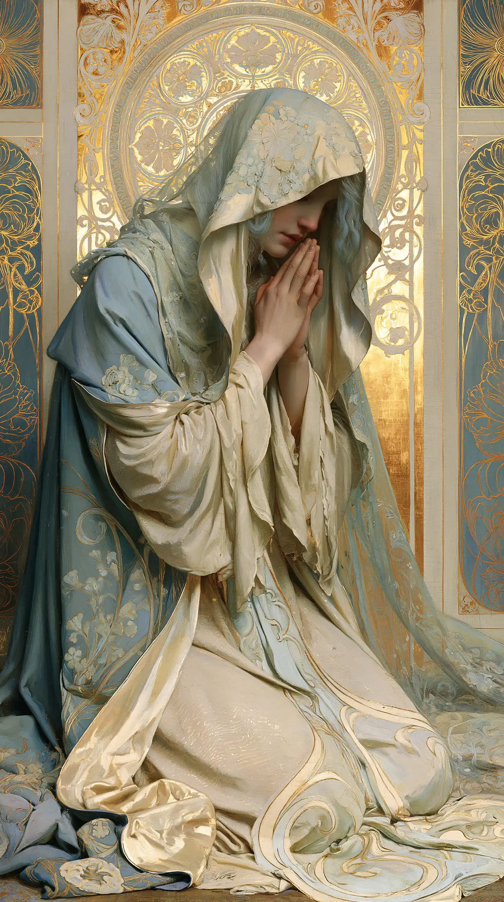 the Virgin Mary in prayer in Sacred Art Nouveau style, portrait Christian artwork no. 14