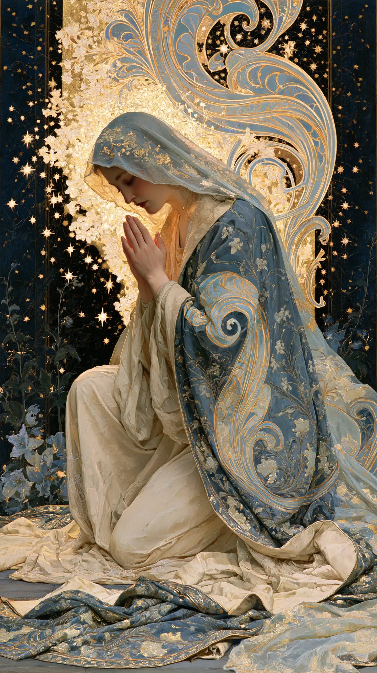 the Virgin Mary in prayer in Sacred Art Nouveau style, portrait Christian artwork no. 16