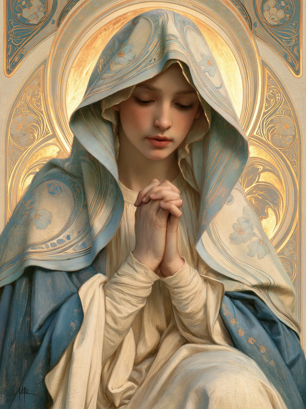 the Virgin Mary in prayer in Sacred Art Nouveau style, portrait Christian artwork no. 31