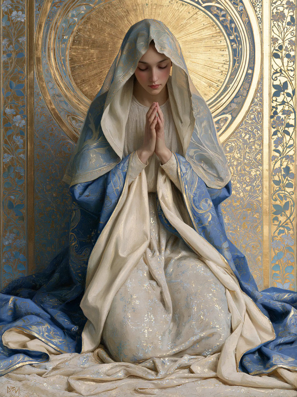 the Virgin Mary in prayer in Sacred Art Nouveau style, portrait Christian artwork no. 32