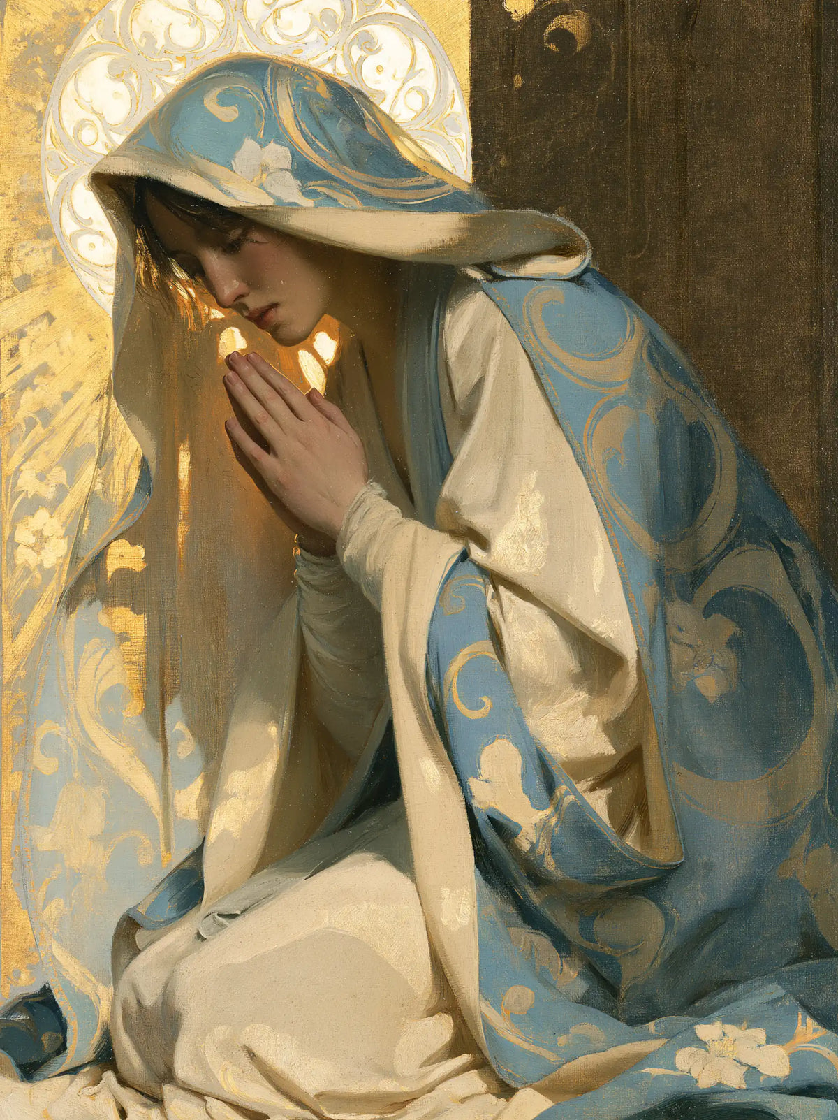 the Virgin Mary in prayer in Sacred Art Nouveau style, portrait Christian artwork no. 33