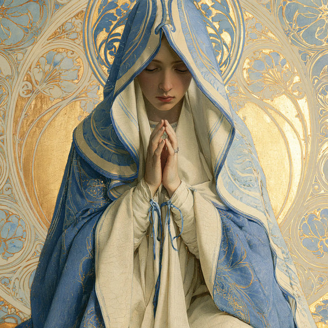 Virgin Mary in Prayer — Palms beneath the Azure Arch