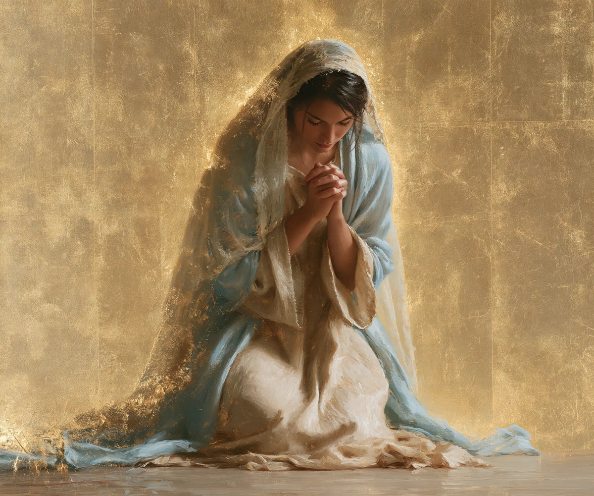 Virgin Mary in Prayer — The Veil in Sunlit Dust