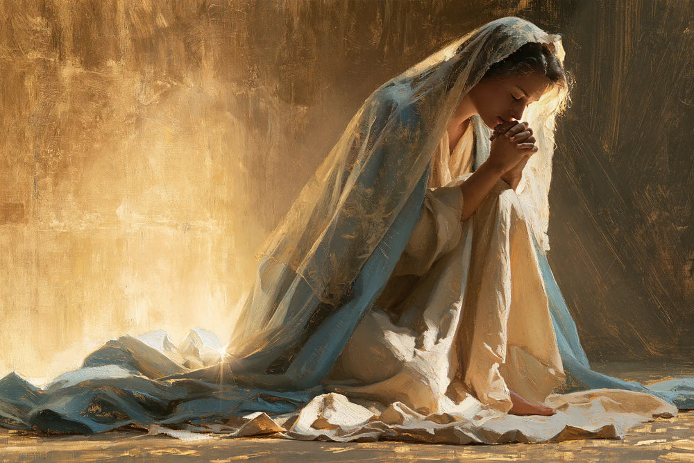 the Virgin Mary in prayer in Sacred Gold style, landscape Christian artwork no. 7
