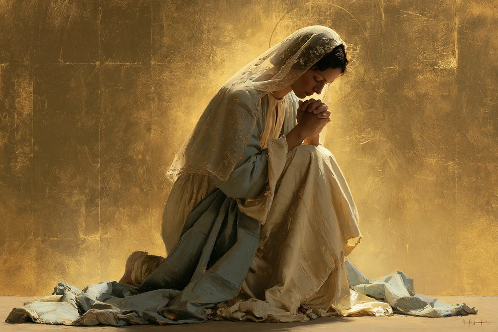 the Virgin Mary in prayer in Sacred Gold style, landscape Christian artwork no. 8