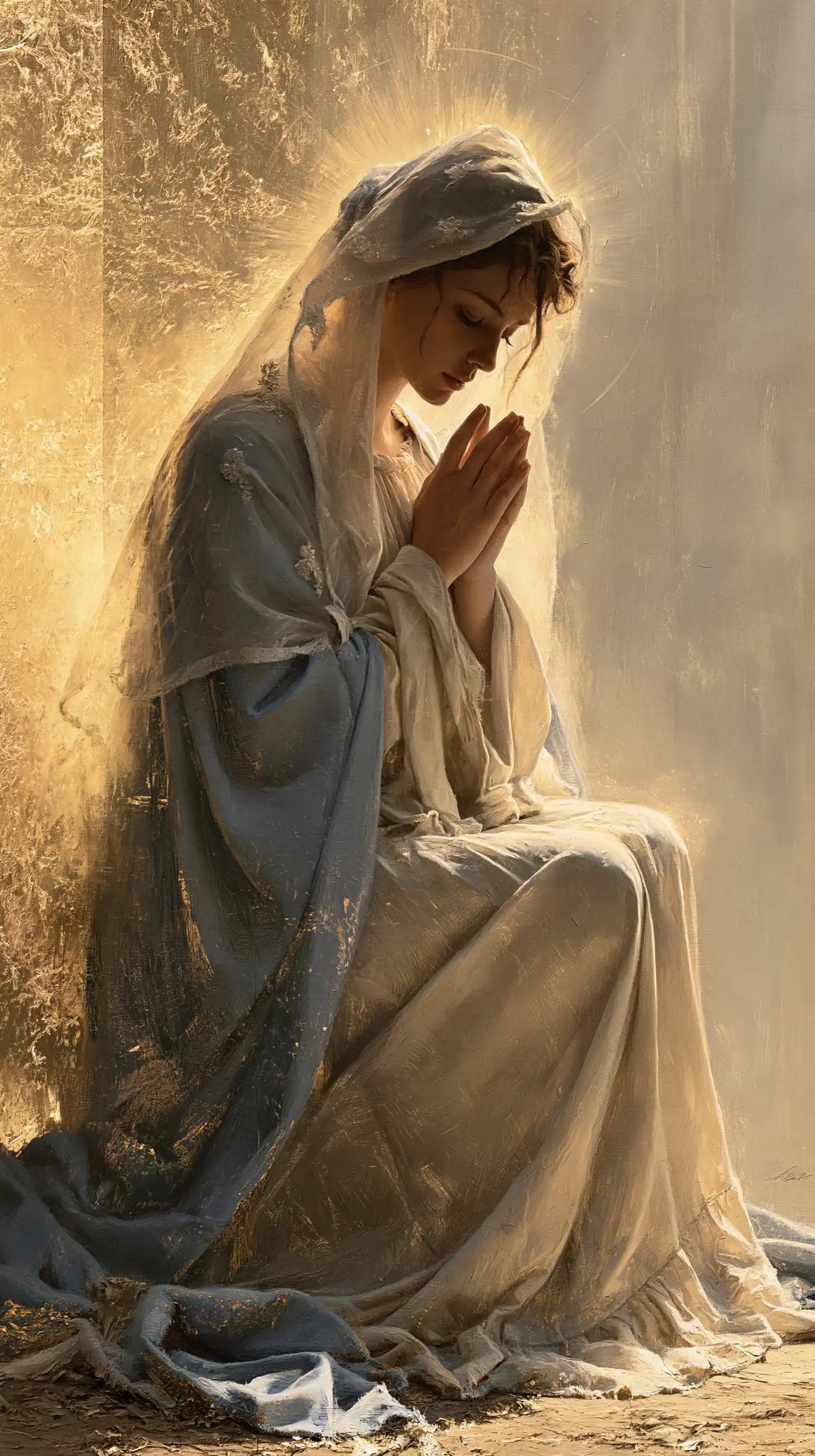 Virgin Mary in Prayer — The Profile in Silken Light