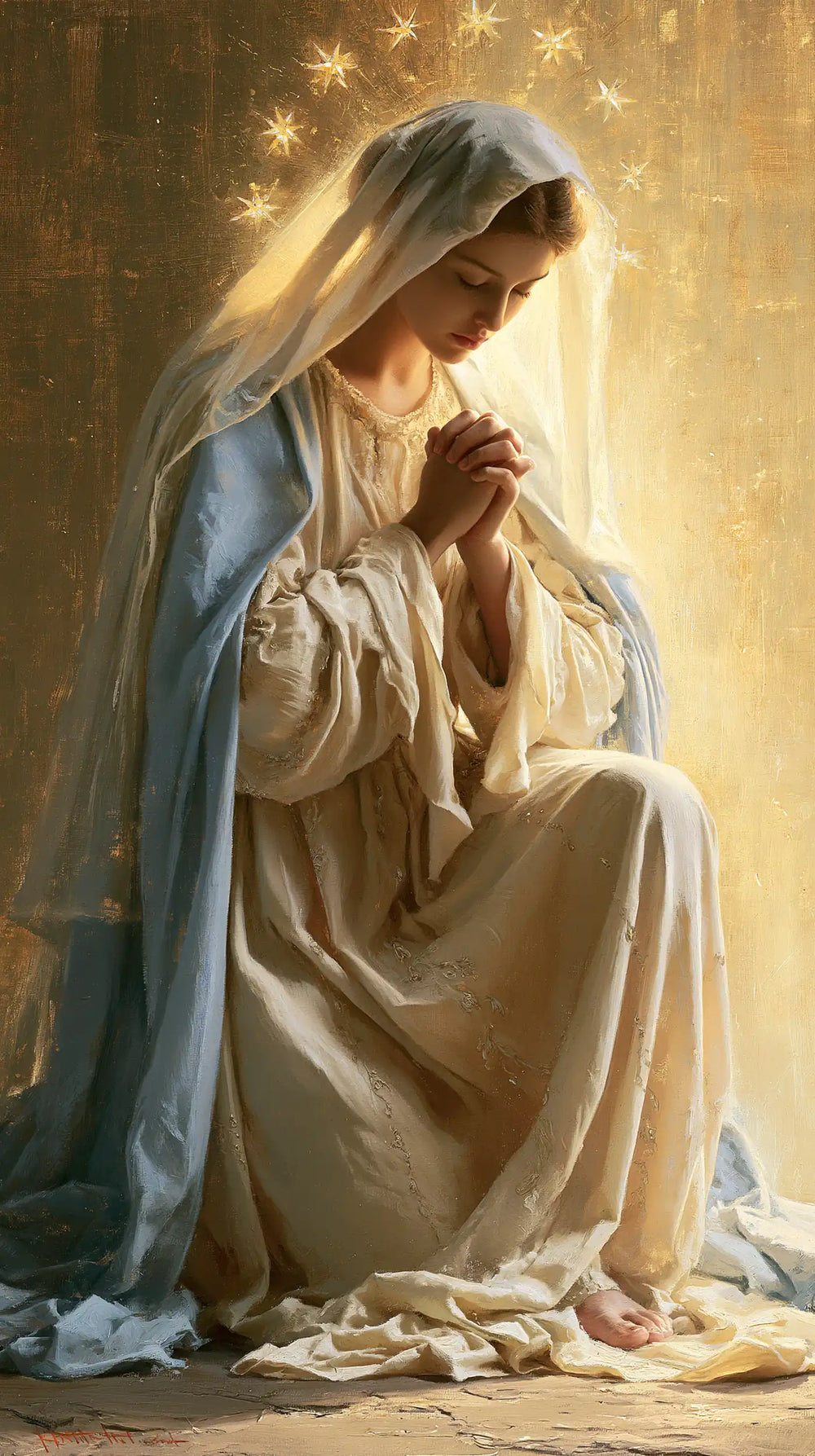 the Virgin Mary in prayer in Sacred Gold style, portrait Christian artwork no. 10