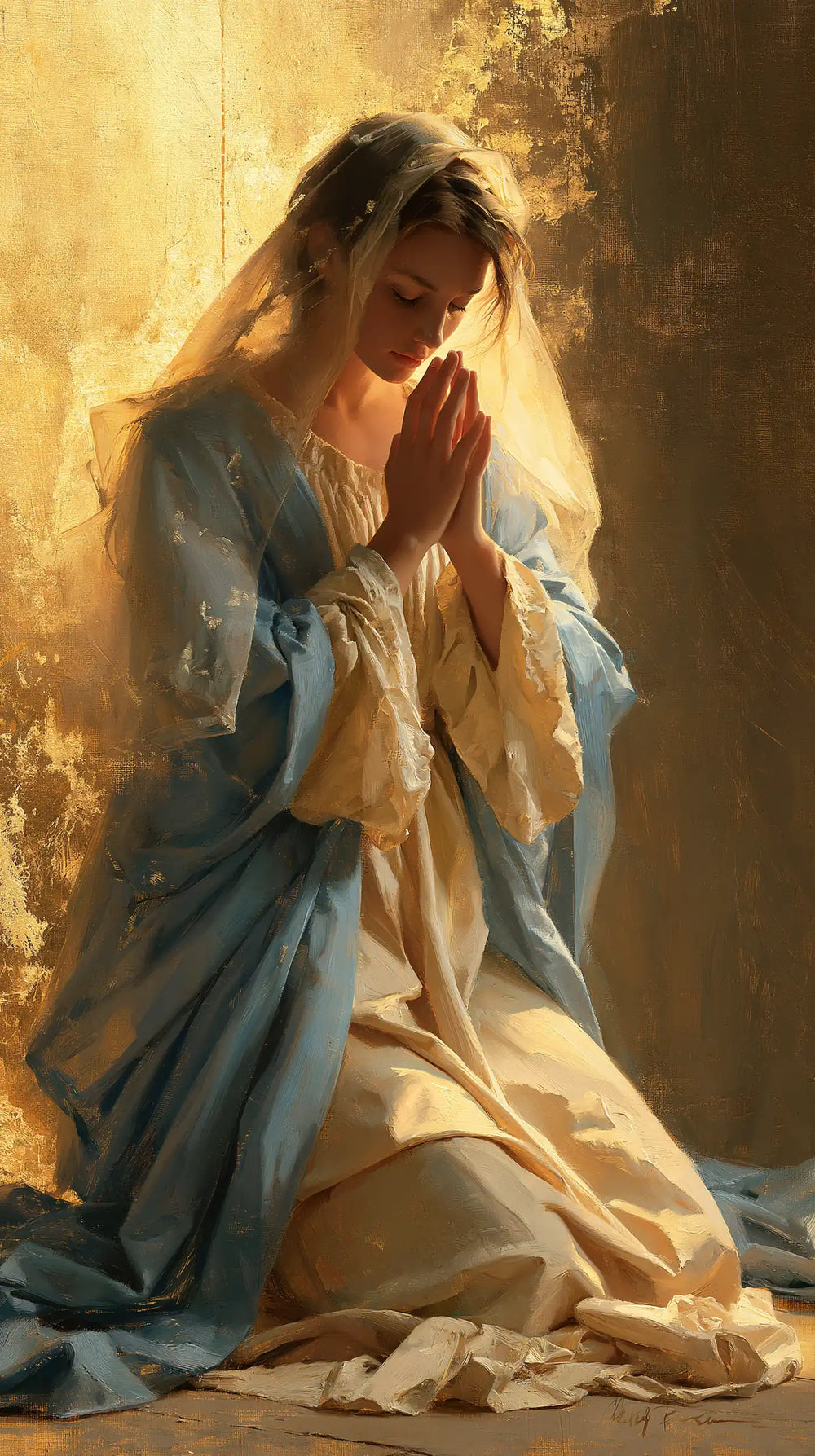 the Virgin Mary in prayer in Sacred Gold style, portrait Christian artwork no. 13
