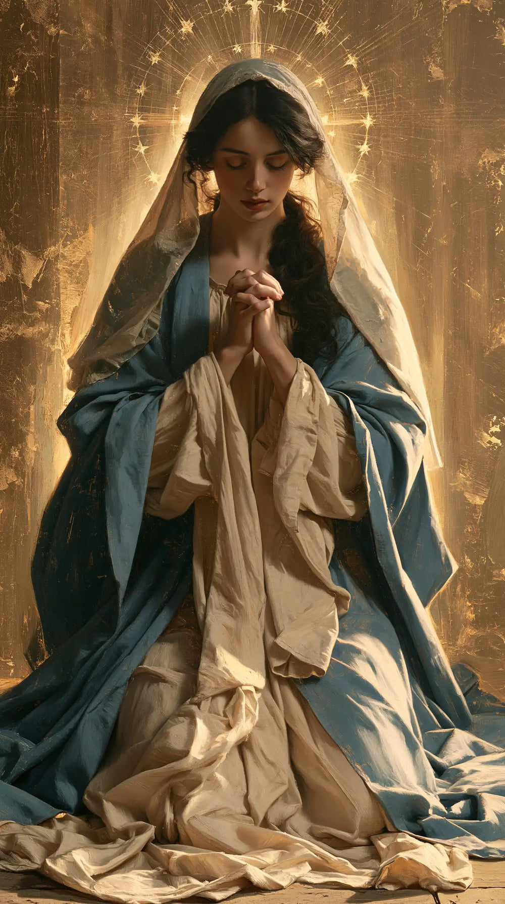 the Virgin Mary in prayer in Sacred Gold style, portrait Christian artwork no. 14