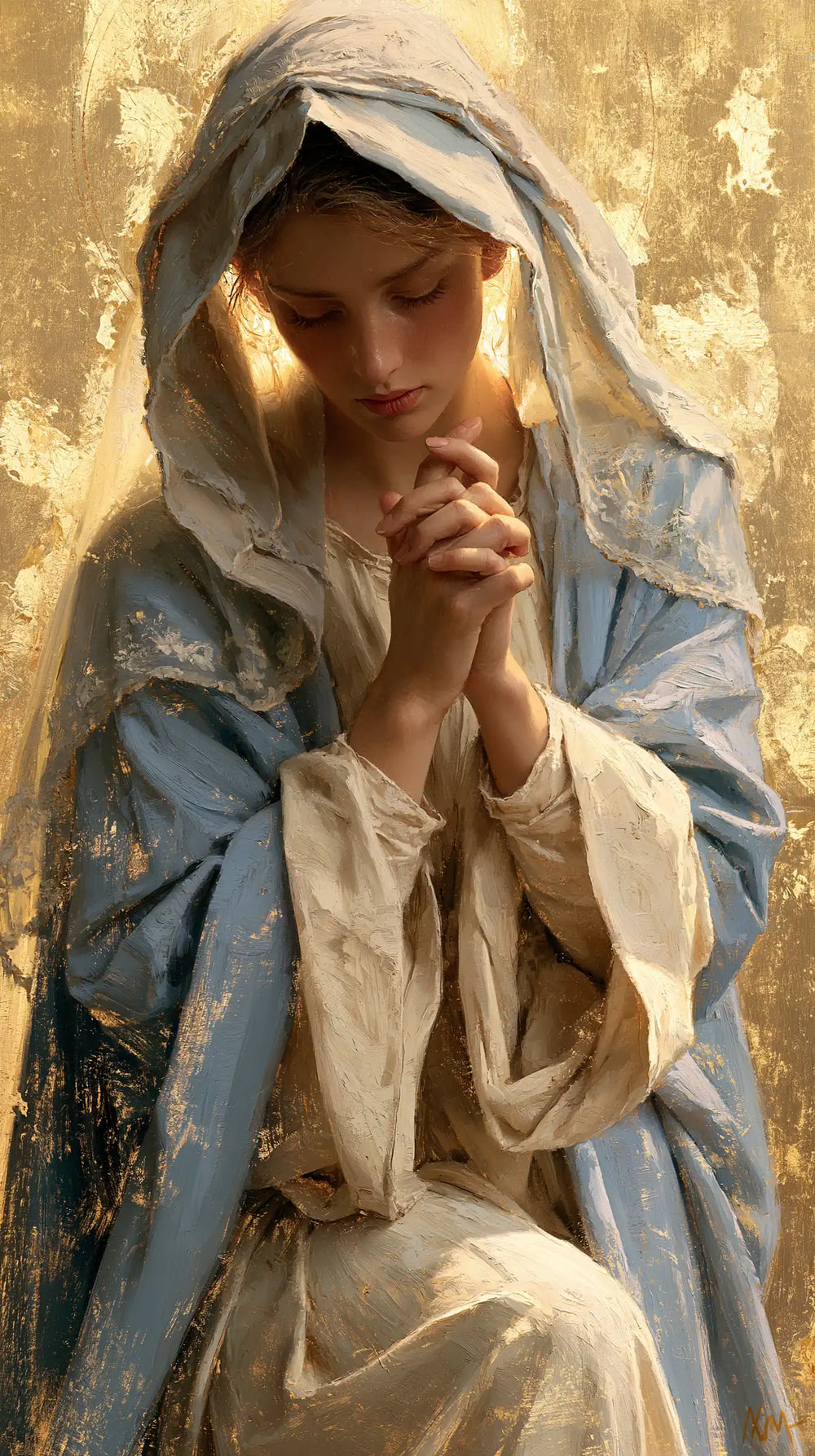 the Virgin Mary in prayer in Sacred Gold style, portrait Christian artwork no. 16