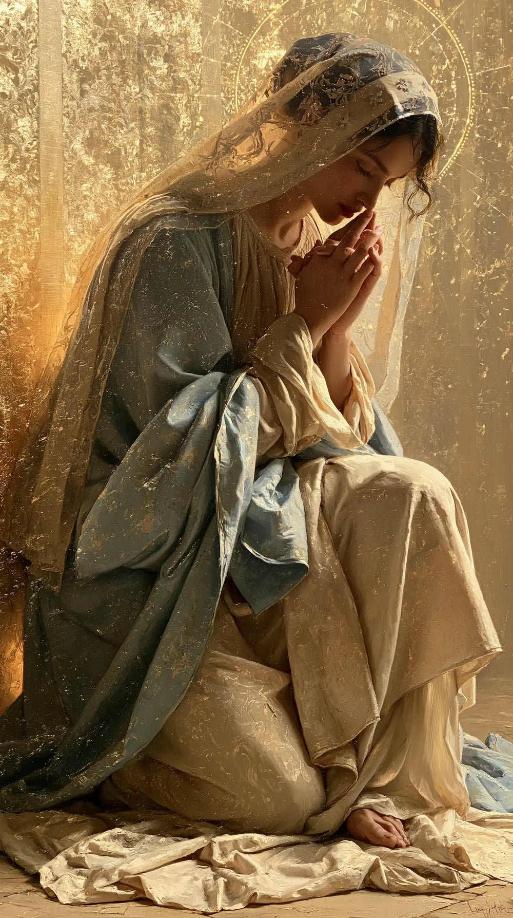the Virgin Mary in prayer in Sacred Gold style, portrait Christian artwork no. 23