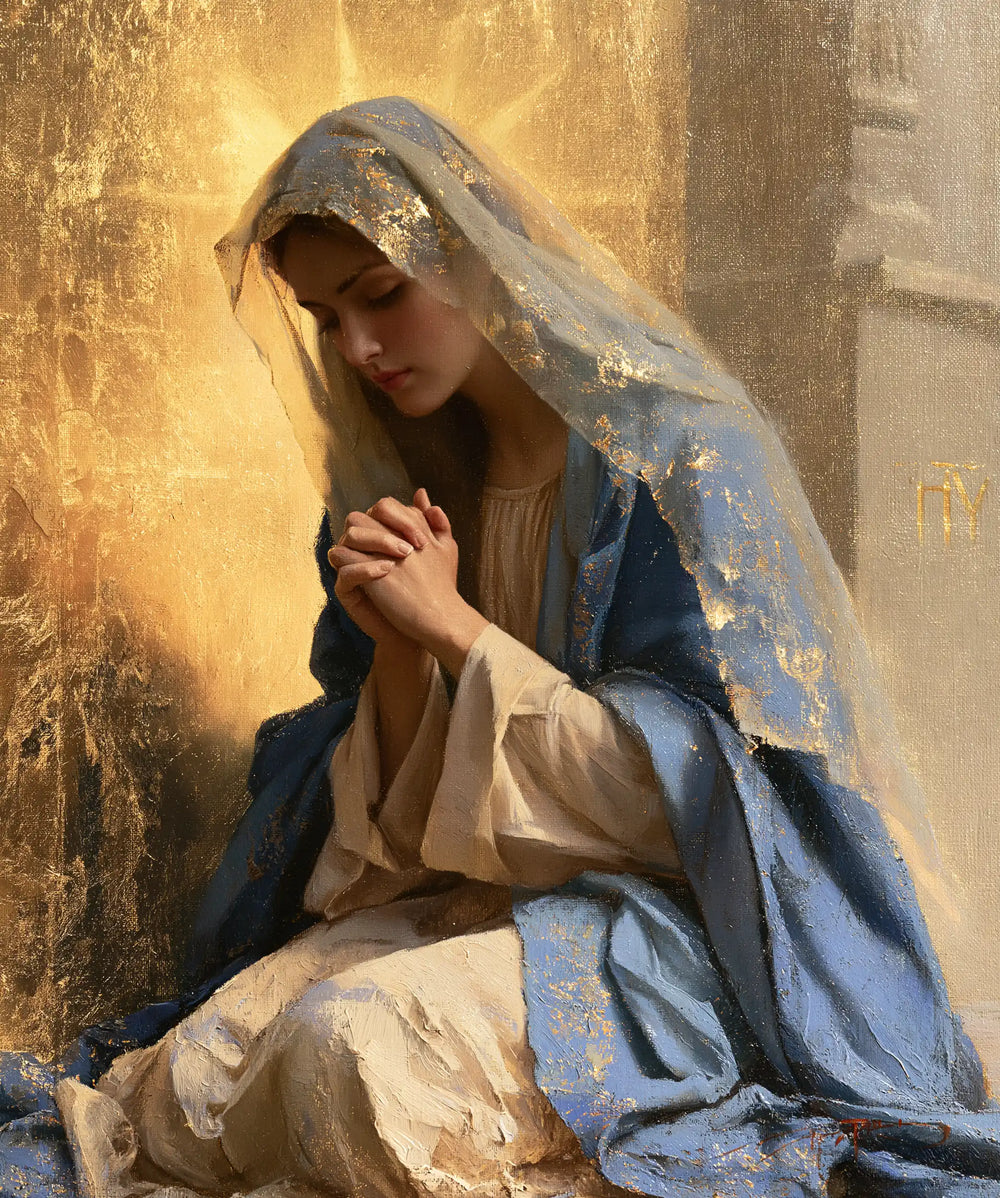 the Virgin Mary in prayer in Sacred Gold style, portrait Christian artwork no. 41